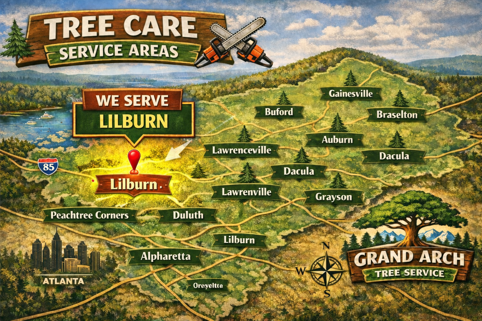 Tree care map highlighting Lilburn area